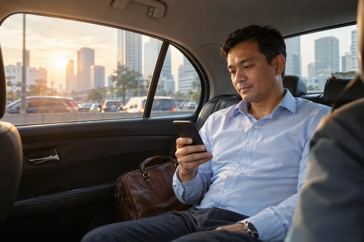 A business owner reads the morning summary in the back seat on the way to the office