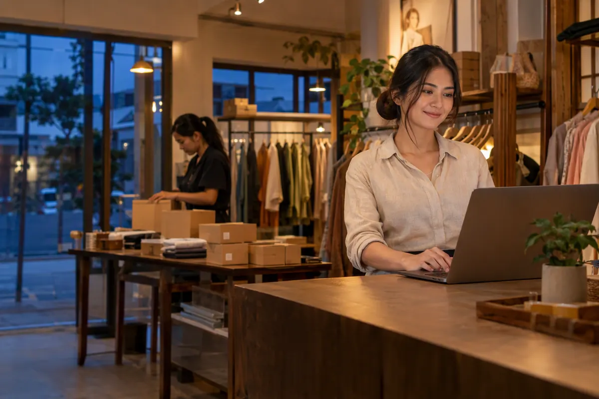 The boutique owner reviews this week's results on a laptop while staff are still packing orders