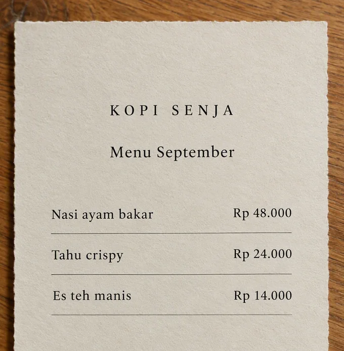 Kopi Senja printed menu card