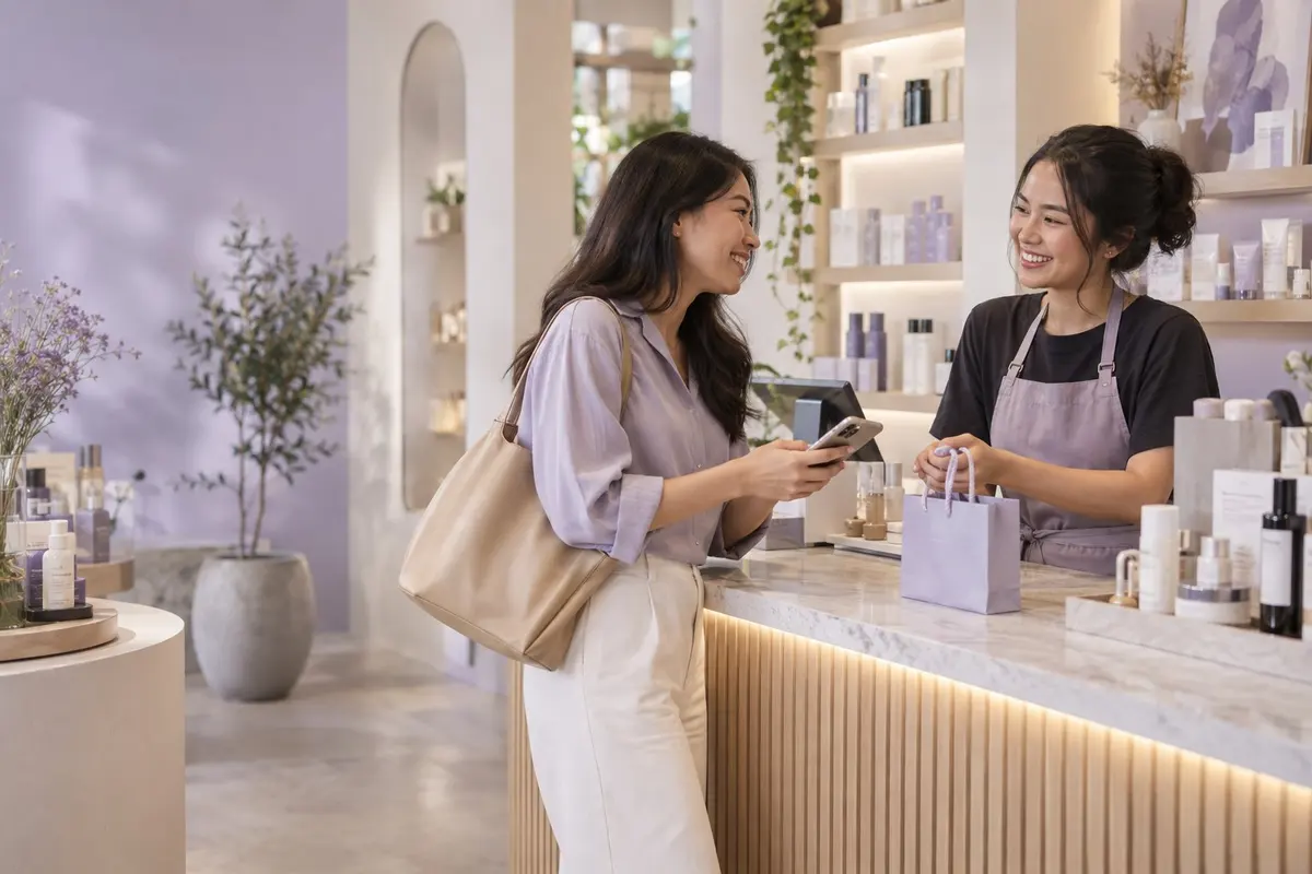A returning customer shops at a beauty store