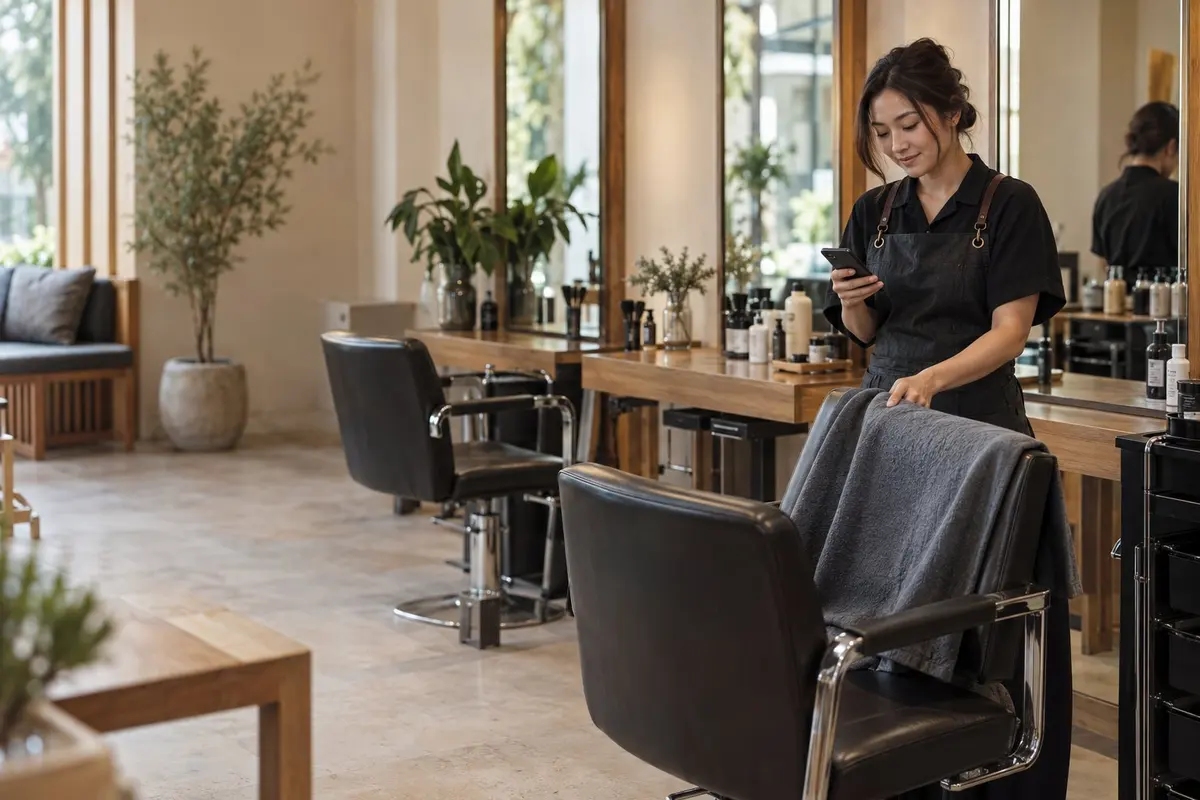 A hairdresser gets the chair ready for the next appointment