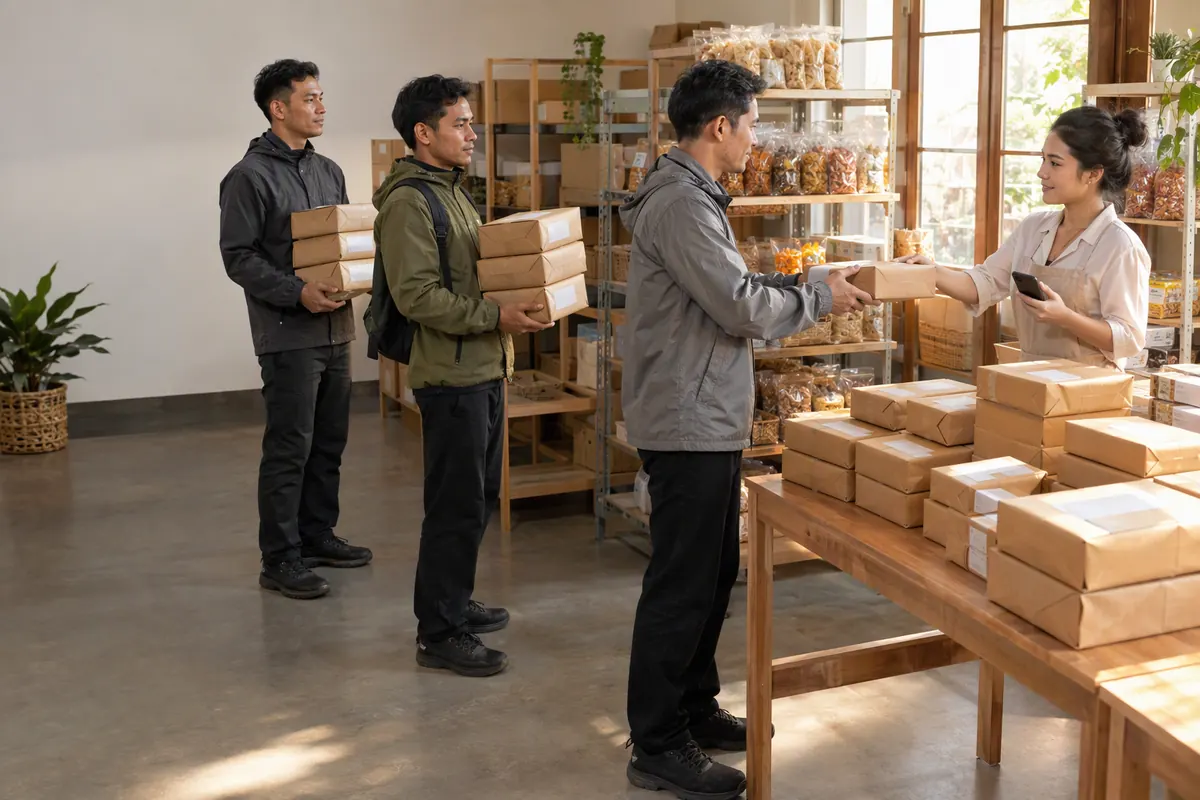 Three couriers collect sorted parcels from the snack shop packing room