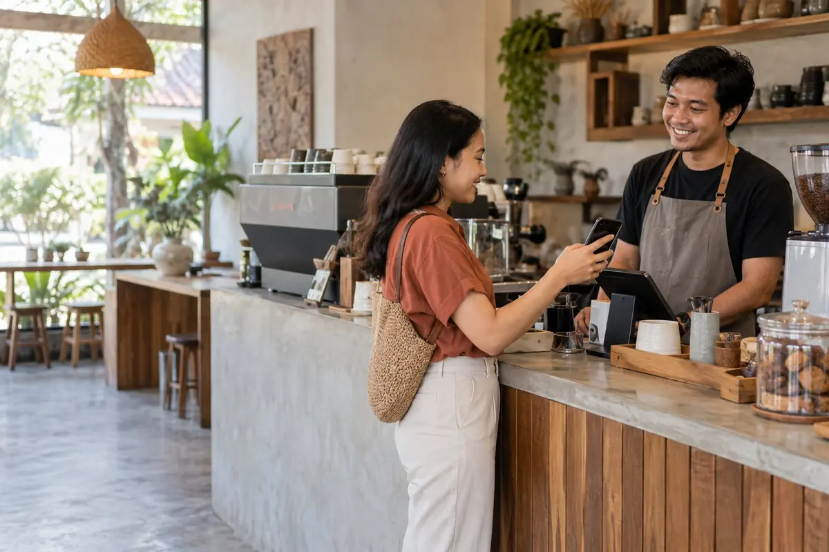 A café customer redeems a reward while ordering coffee
