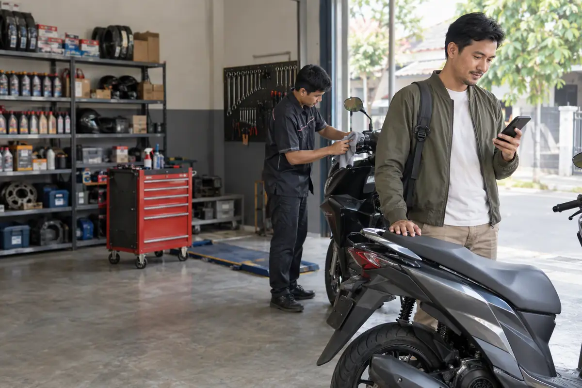 A customer collecting his motorcycle after a service at the workshop