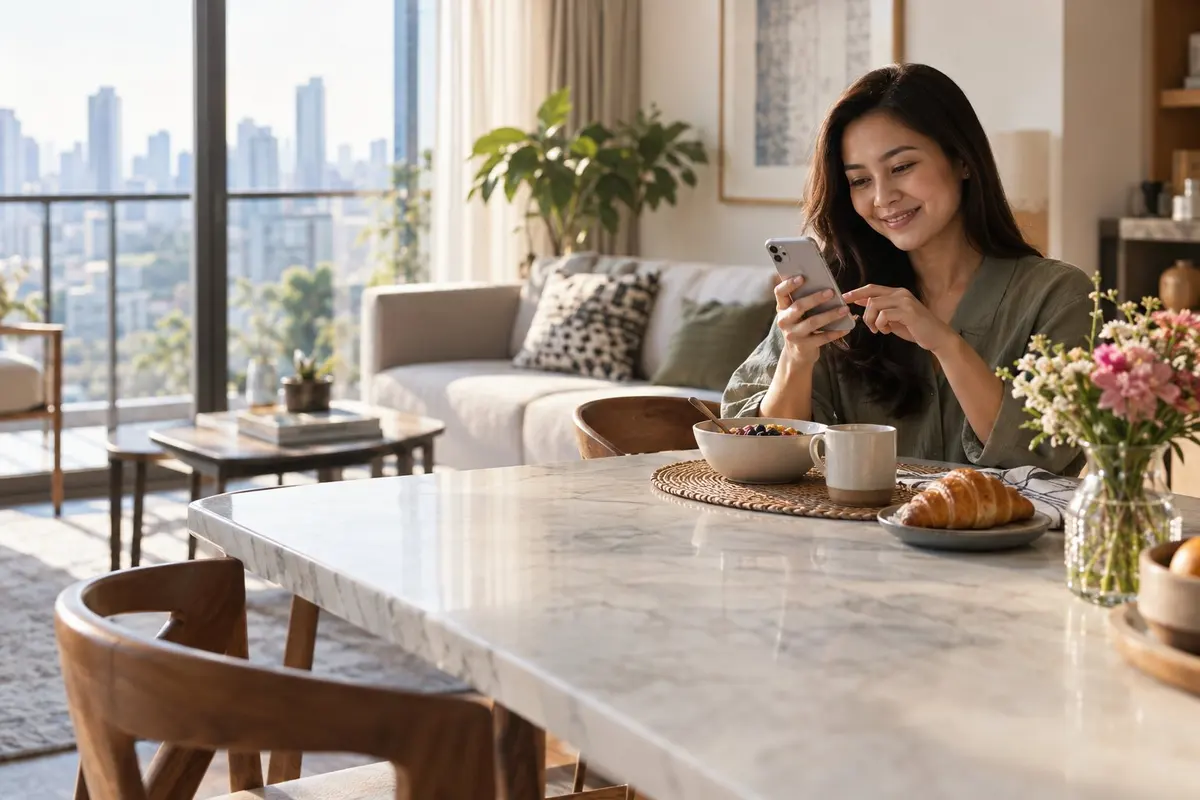 A customer orders a bouquet from her phone at home