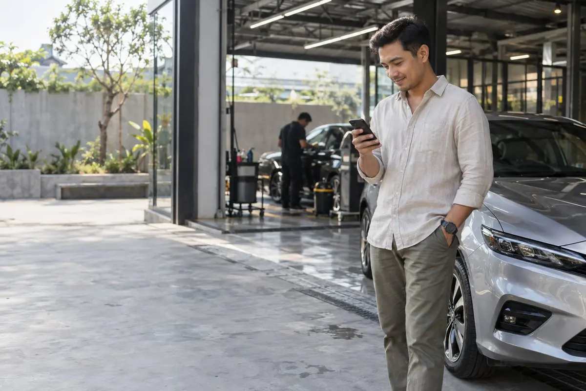 A customer schedules a car service from her phone