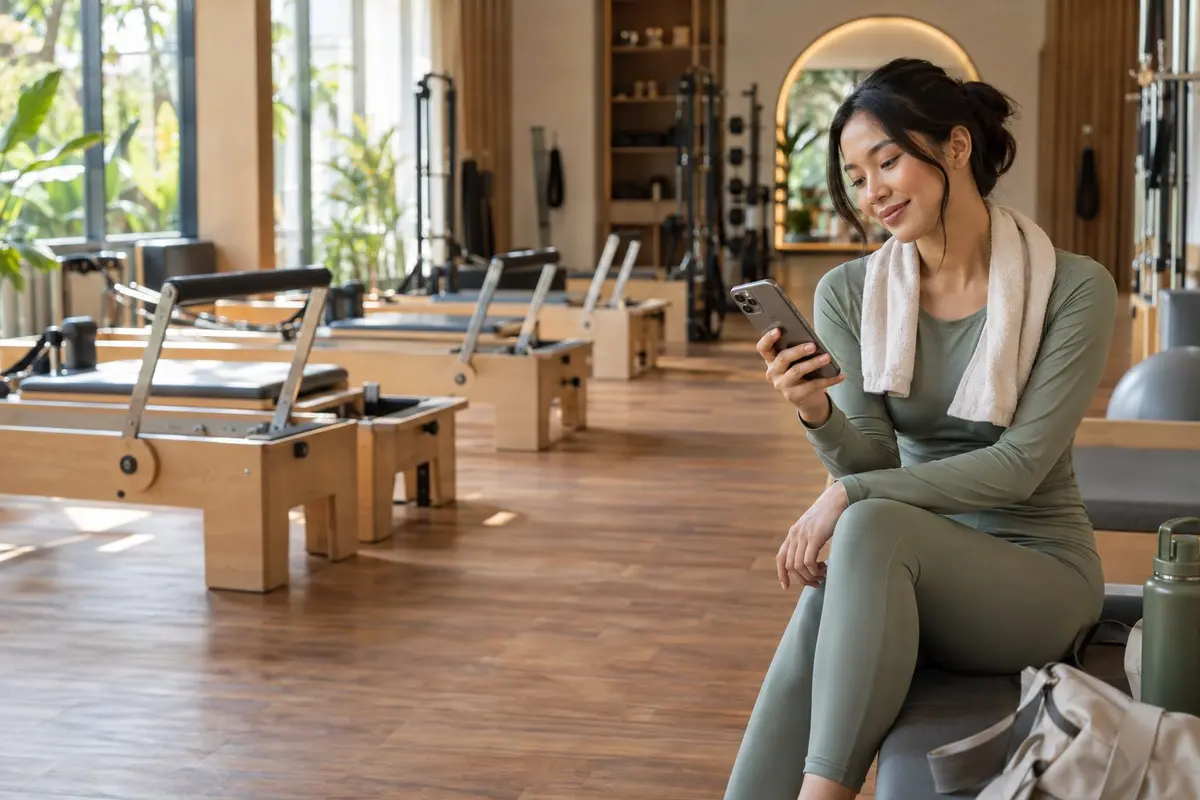 A Pilates member checks her remaining sessions after class