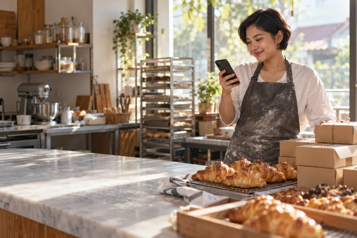 A bakery owner checks the day's orders from her phone