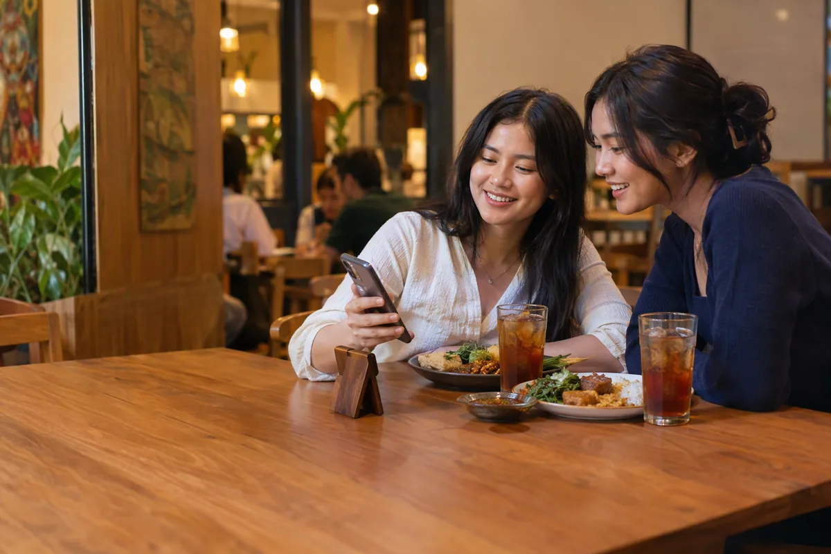 Two diners ordering from their table by phone