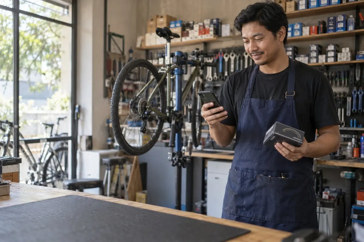 A bike workshop owner updates a parts price in chat
