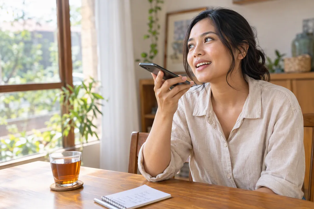 A customer recording a voice note at her dining table at home