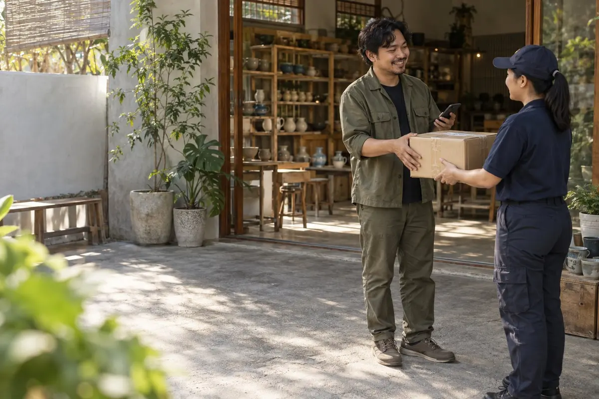 A ceramics studio owner hands a parcel to the courier