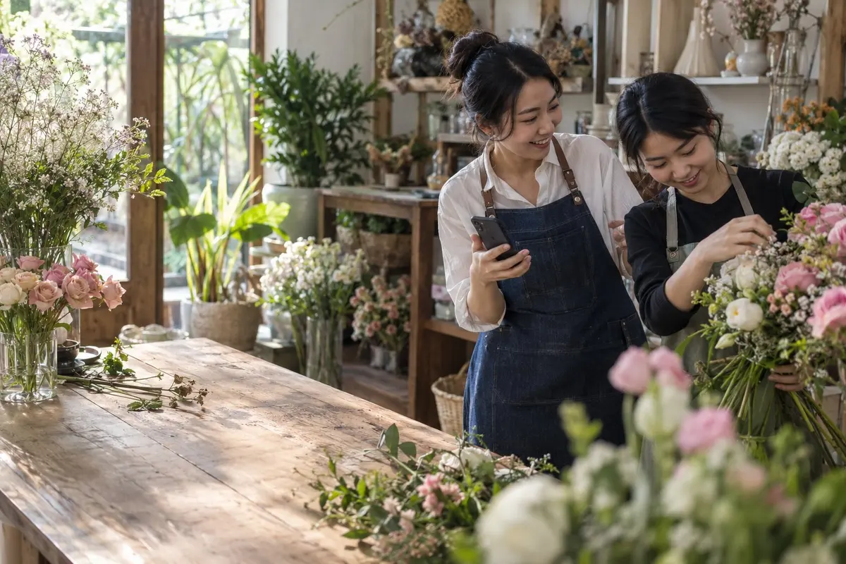 A florist owner carries on the conversation from WhatsApp on her phone, alongside her team