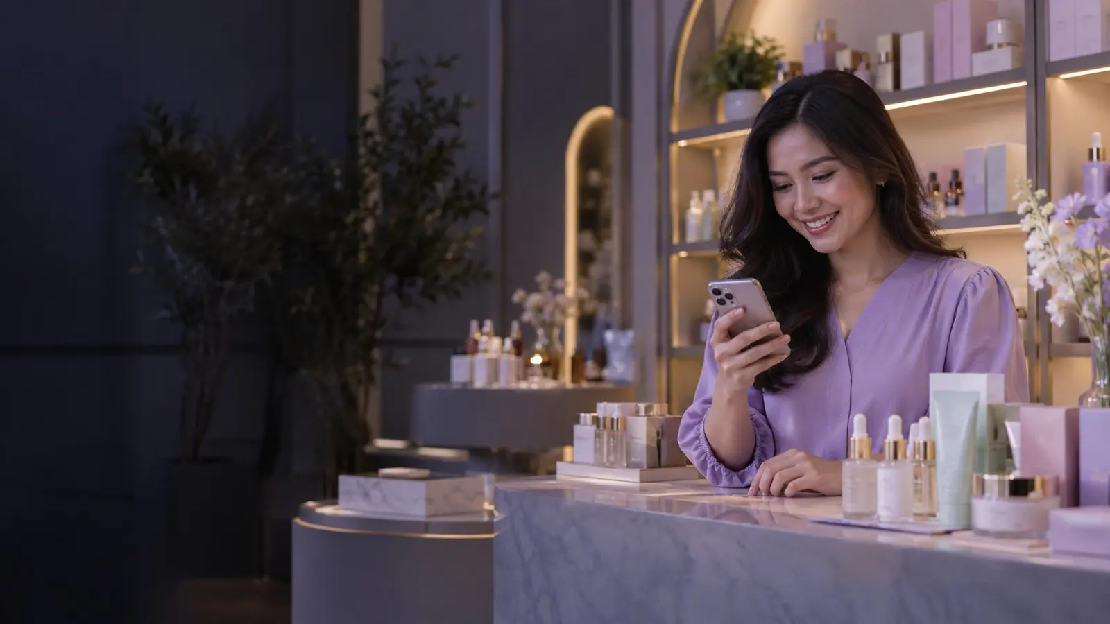 Illustration of a beauty shop owner using a smartphone