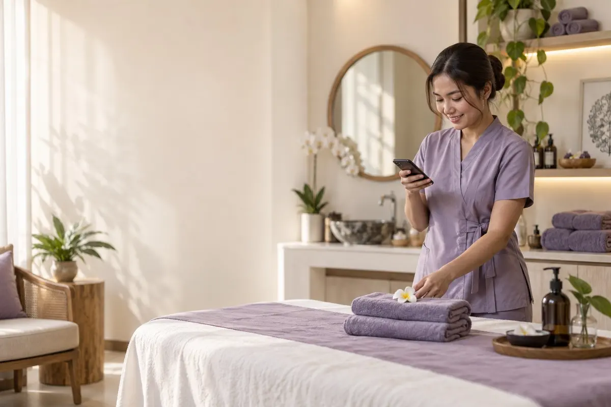A therapist sets up the treatment room while checking the schedule